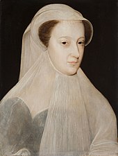Mary's all-white mourning garb earned her the sobriquet La Reine Blanche ("the White Queen"). Portrait by Francois Clouet, 1560. MaryQueenofScotsMourning.jpg