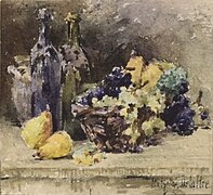 Nature morte à la corbeille de fruits, aquarelle 8 cm x 8 cm, vers 1918. Coll. particulière