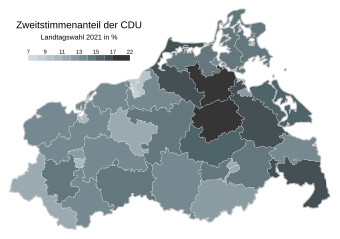 Christlich Demokratische Union ﻿Höchstes: 21,1 % (Mecklenburgische Seenplatte I - Vorpommern-Greifswald I) ﻿Niedrigstes: 7,8 % (Hansestadt Rostock II)