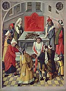 Peinture chrétienne d'un sacrifice dans l'Ancien Testament (1483), avec différentes formes de chapeaux juifs, ainsi que des turbans et d'autres styles exotiques, rassemblant ici plusieurs époques.