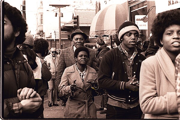 Peoples Temple members attend an anti-eviction rally at the International Hotel, San Francisco, in January 1977