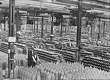 Stacks of shells in a shell filling factory during World War I. Ministry of Information First World War Official Collection Q30049.jpg