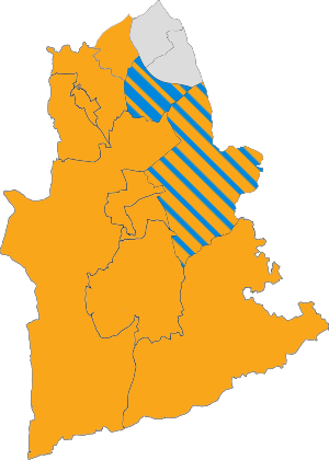 Map of Mole Valley district, showing the political composition of the council after the 2023 Election. Liberal Democrats in yellow, Ashtead Independents in grey and Conservatives in blue. Mole Valley District Council election results 2023.svg