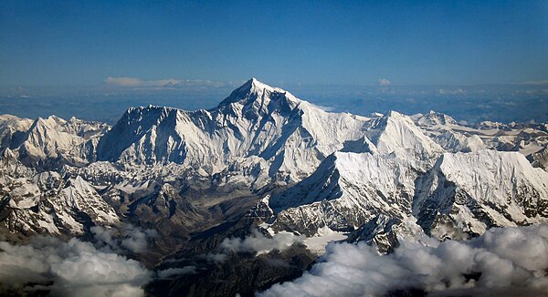 Fig. 13 Aerial photo of Mount Everest from the south, behind Nuptse and Lhotse.