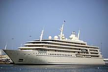 The Fulk al Salamah, the Sultan's secondary yacht, moored at the docks at Mina Qaboos, Muttrah Muttrah-Muscat mTrH, msqT 25.jpg