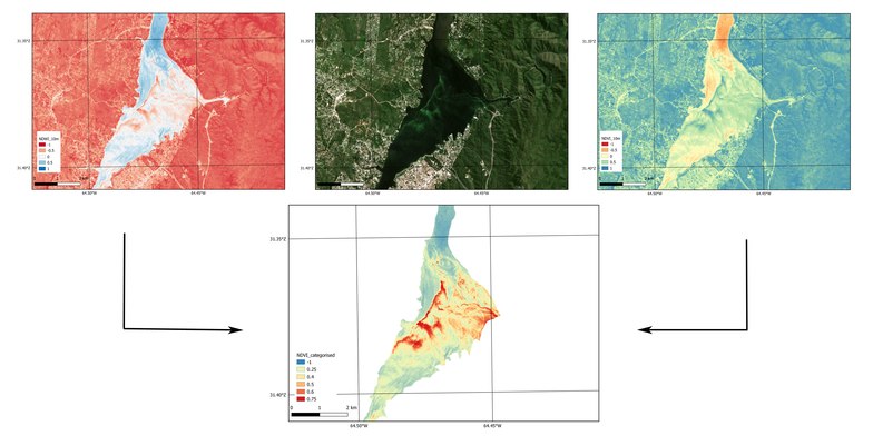 Panel containing a NDWI, RGB and NDVI remote sensing image of an algal bloom in the San Roque lake in Cordoba Argentina derived from Sentinel-2 level 2a optical data of 2017-02-22. Combining the NDWI and NDVI using thresholding and edge detection an image is derived showing a categorized intensity of the algal bloom in the lake. The NDVI image can be combined with in situ measurements or the spectral signature of chlorophyll-a to make an estimation of the total concentration of phytoplankton/chlorophyll, which is an indication for the pollution of the water. NDVI figure algal bloom.tif