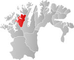 Mapa do condado de Troms og Finnmark com Kvalsund em destaque.