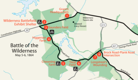 Map of the Battle of the Wilderness portion of the Fredericksburg & Spotsylvania National Military Park