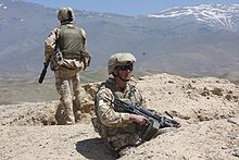 Two members of the New Zealand Provincial Reconstruction Team provide security in Shebar district, Bamyan province, July 23. NZ Soldiers Afghanistan 2009.jpg