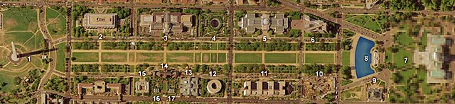 National Mall proper and adjacent areas (April 2002). The Mall had a grassy lawn flanked on each side by unpaved paths and rows of American elm trees 