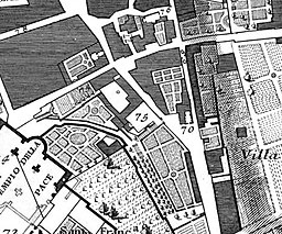 Conservatorio delle Zitelle Mendicanti (nummer 75) på Giovanni Battista Nollis topografiska karta över Rom från år 1748. Nummer 70 anger Santa Maria della Neve al Colosseo och 76 anger Santa Maria del Buon Consiglio.