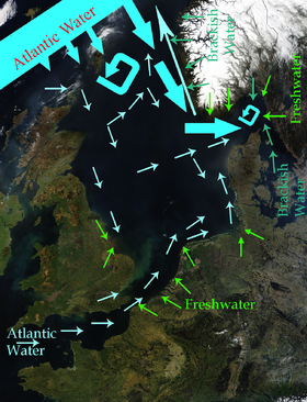 Ocean currents mainly entering via the north entrance exiting along the Norwegian coast NorthSeaCurrents.png