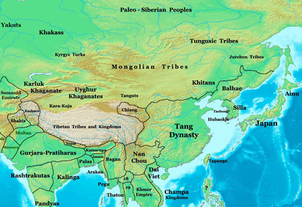 carte de l'Asie orientale en 900, montrant les forces en présence dans la région à cette époque.