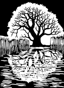 Linocut of a tree at a lake Oaktree&mirrorimage.png