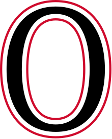 Large black 'O' in front of red and black horizontal stripes