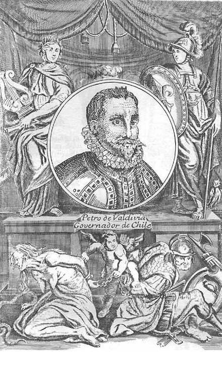 Alonso de Ovalle's 1646 engraving of Pedro de Valdivia.
