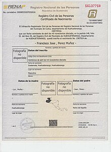 Certificato di nascita di Paco Pérez