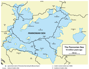 Approximate extent of the Pannonian Sea during the Miocene Epoch. Current borders and settlements superimposed for reference.