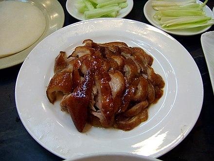 Beijing roast duck; note the typical lacquered appearance
