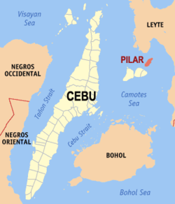 Mapa ng Cebu na nagpapakita sa lokasyon ng Pilar.