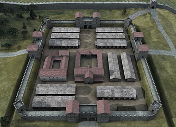 An artist's impression of the fort layout, with Hadrian's Wall in the background - it is not currently known whether it was attached to the fort or not. Later the medieval Newcastle Castle was built on the same hilltop site above the River Tyne. Pons Aelius overheadYD.jpg