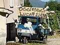 Ape TM Piaggio utilizzata da una coppia di sposi presso il santuario di Nostra Signora delle Grazie di Ponzano Magra, Santo Stefano di Magra, Liguria, Italia