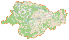 Mapa konturowa powiatu świebodzińskiego, u góry znajduje się punkt z opisem „Wyższe Seminarium Duchowne w Paradyżu”