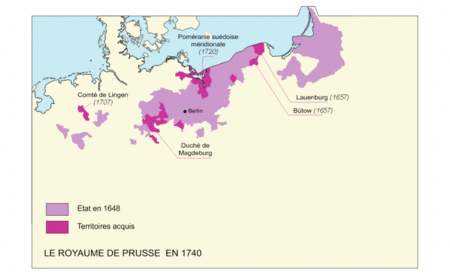 Old Hither Pomerania (purple, centre of the map at the coast), the former south of Swedish Pomerania Prusse1740.gif