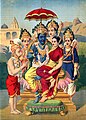 Rama with his wife Sita, devotee Hanumana and three brothers Lakshmana, Bharata and Shatrughna.