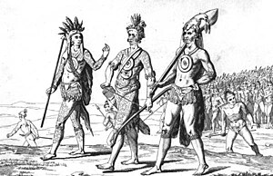 Timucua warriors with weapons and tattoo regalia, drawn by Jacques Le Moyne, c. 1562 Rc11018 Timucua warriors with weapons and tattoo regalia.jpg