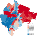 't Percentage kathelieke in Belfast; roeëd: 0-10%, blauw: 90-100%
