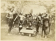 Zande men with musical instruments and weapons, 19th century Richard Buchta - Group of Zande (Makaraka) men.jpg