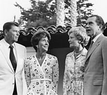 The Reagans meeting with President Richard Nixon and First Lady Pat Nixon in July 1970 Ronald Reagan, Nancy Reagan, Pat Nixon, and Richard Nixon in 1970.jpg