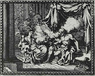 Pandora seated with her husband Epimetheus, who has just opened her jar of curses; an etching by Sebastien Le Clerc (1676) Sebastien Le Clerc - Pandora and Epimetheus.jpg
