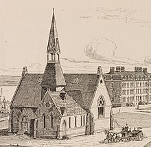 Sage Chapel in 1874; note the tower and spire. Sage Chapel from RMC2014 0161 (cropped).jpg