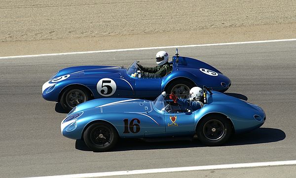 Two Scarab roadsters (#5 is right-hand drive) at the 2005 Historic races at Laguna Seca Raceway