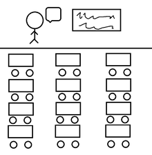 Na obrázku je vyzobrazená školní třída, kde učitel vykládá látku žákům.