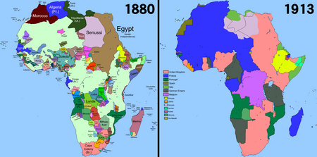 two maps of Africa, one in 1880 and one in 1913, showing how the country was divvied up by the colonial powers of that period