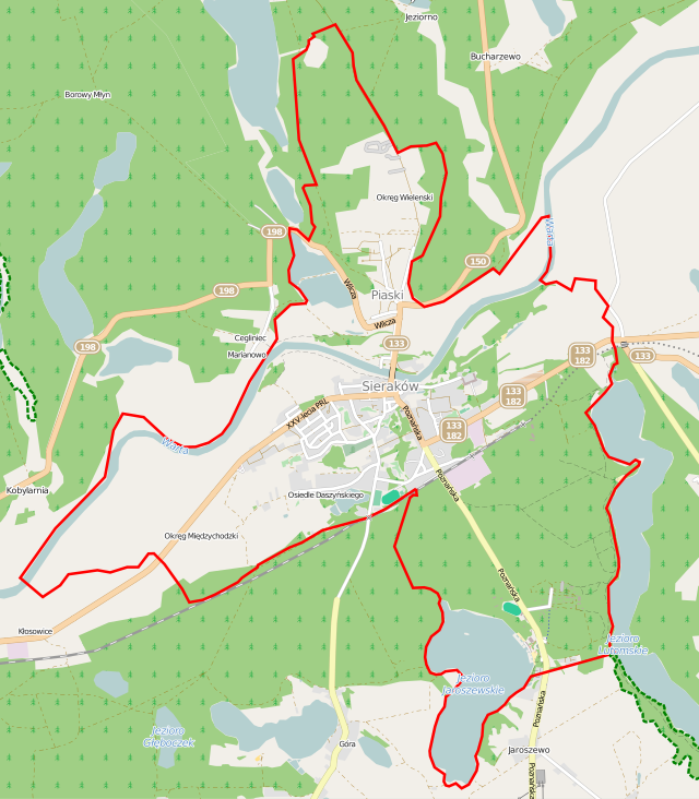 Mapa konturowa Sierakowa, w centrum znajduje się punkt z opisem „Kościół ewangelicki w Sierakowie”