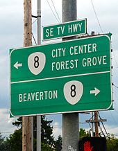 Highway 8 signs near downtown Hillsboro Signs for Oregon Highway 8 and TV Hwy in SE Hillsboro.jpg