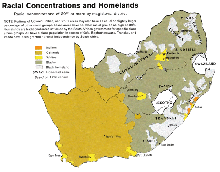 Racial-demographic map of South Africa published by the CIA in 1979, with data from the 1970 South African census.