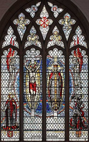 St Olaf in stained-glass window at St Olave Hart Street in London