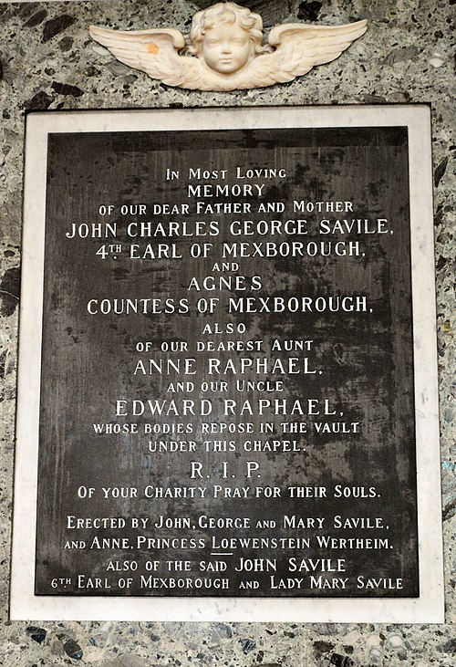 Monument in St Raphael's Church, Surbiton, Surrey, to John Savile, 4th Earl Mexborough