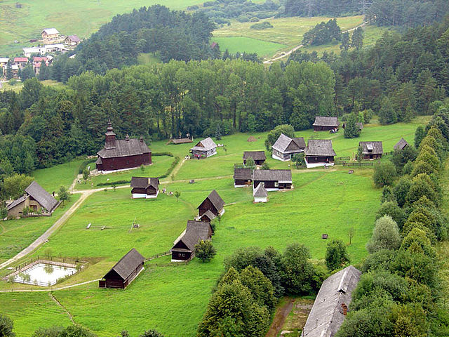 An aerial photograph of the open-air museum at Stará Ľubovňa, Slovakia