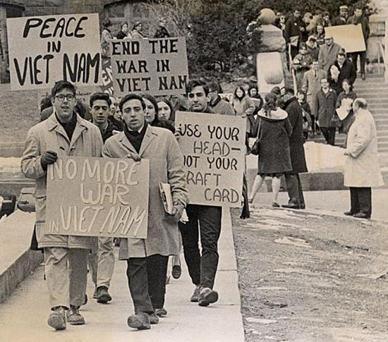 Anti-Vietnam War protestors at the University of Wisconsin–Madison. The song resonated with the student protest movement in the US.