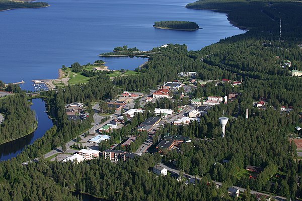 An aerial view of Ämmänsaari, an administrative center of Suomussalmi