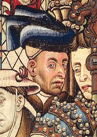 After van der Weyden, The Justice of Trajan and Herkinbald, detail from a lost painting, tapestry copy. This head is considered another probable self-portrait. Tapestry portrait of Rogier vand der Weyden.jpg