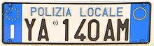 Polizia Locale number plate Targa automobilistica Italia 1999 YA*140 AM polizia locale anteriore.jpg