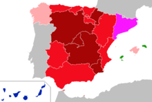 Legal situation of bullfighting in Spain in 2015 (overturned in 2016):
Bullfighting banned.
Bullfighting legal, but traditionally not practiced.
Bullfighting banned, but other spectacles involving cattle protected by law.
Bullfighting legal, but banned in some places.
Bullfighting legal.
Bullfighting legal and protected by law (declared as Cultural Interest or Intangible Cultural Heritage). Tauromaquia en Espana.PNG