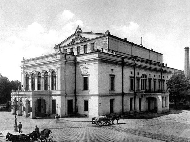The old building of the National Theatre in Bucharest, home to many opera performances in the city until its destruction by German bombardment in 1944 Teatrul National Bucuresti cladirea veche.jpg